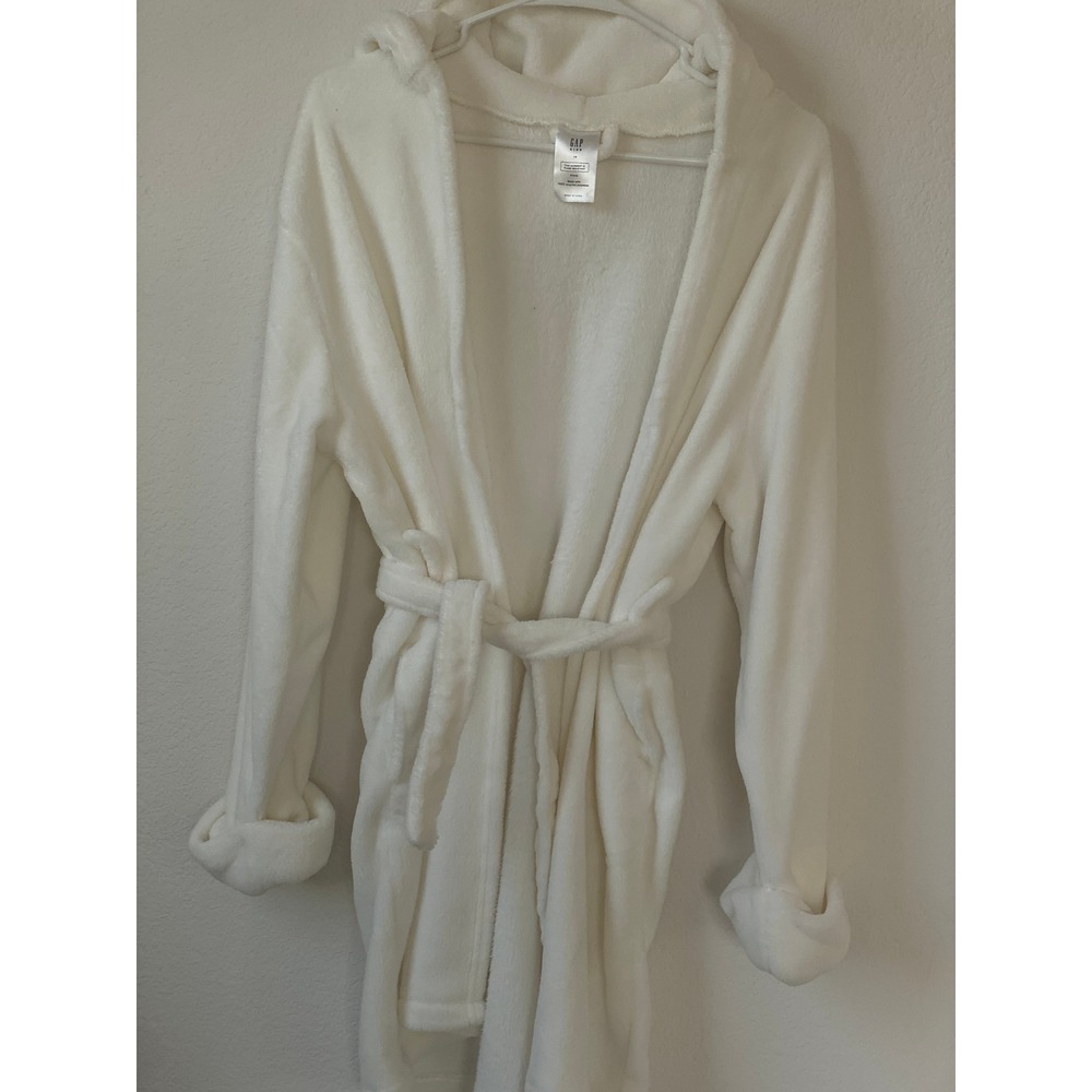 Gap Kids White Fleece Hooded Bathrobe Size 14 Recycled Polyester Tie Waist Robe - Picture 6 of 16